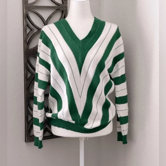 PRETTY GARDEN Pullover Knit Sweater V-Neck Color Block Stripe Green Whit… - Picture 2 of 8